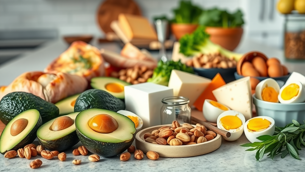 Array of ketogenic foods including avocados, cheese, eggs, and nuts, ketogenic diet, modern kitchen, bright natural light