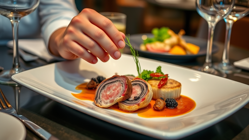 signature plate of gourmet cuisine from 388, tempting expression, artfully arranged, Cinematic, elegant restaurant table setting, highly detailed, visual emphasis on textures