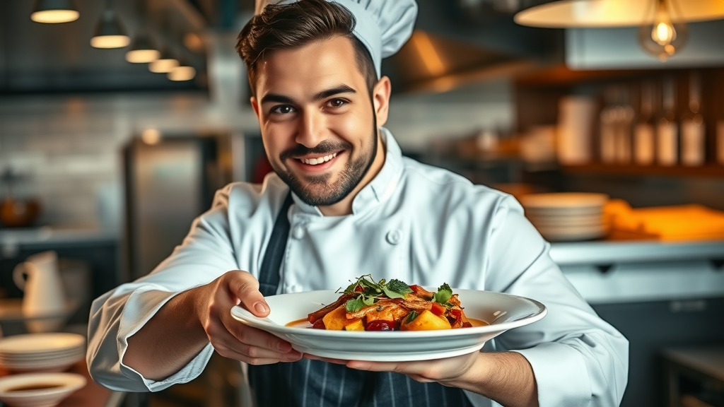 chef at 388 showcasing a beautiful dish, proud expression, elegantly plating food, Photorealistic High Fidelity Lifelike, upscale restaurant kitchen, highly detailed, dynamic composition