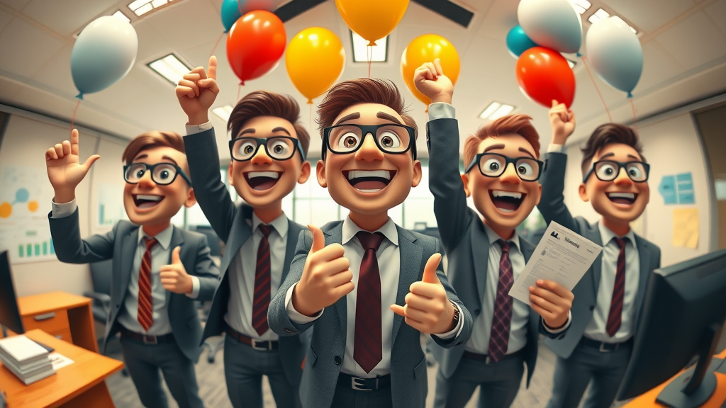 business leaders celebrating milestone end to end case solution success in a vibrant office