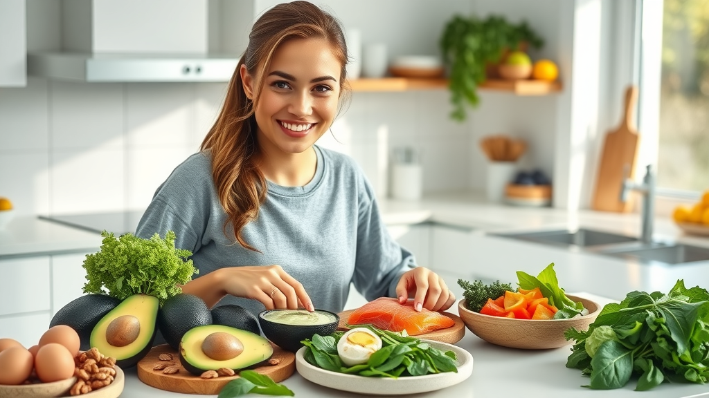 Confident woman arranging keto diet foods in a modern kitchen for fast results.
