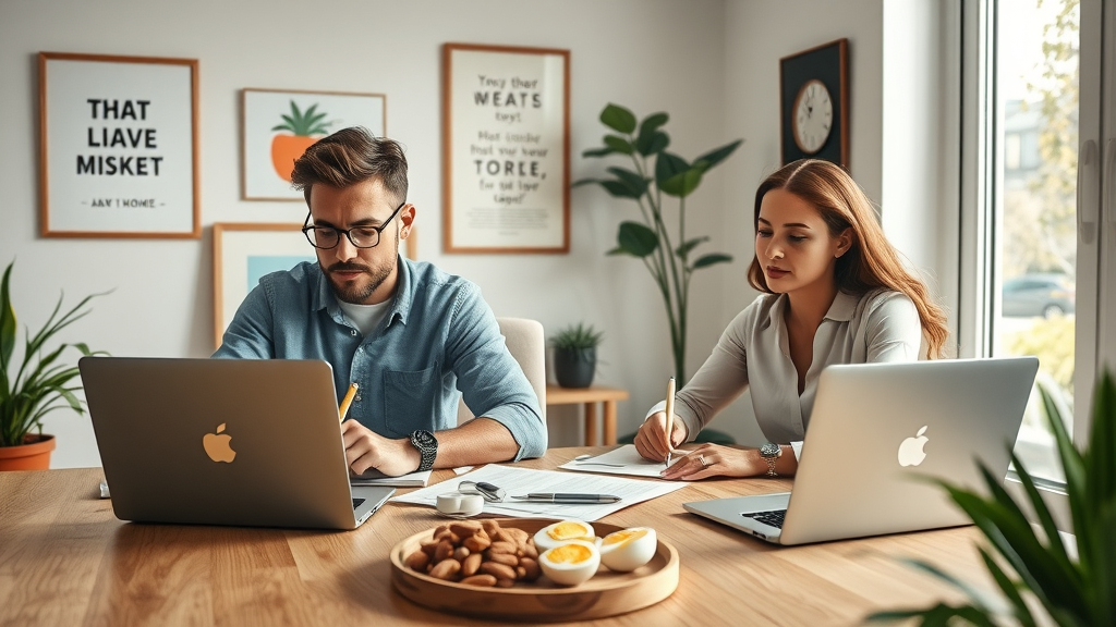 Motivated professionals boosting focus with keto diet snacks in home office setting.