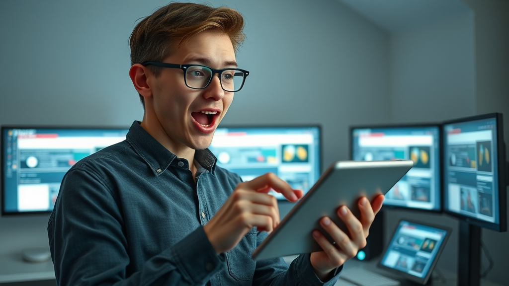 young blogger exploring blogging platforms on tablet in a modern room