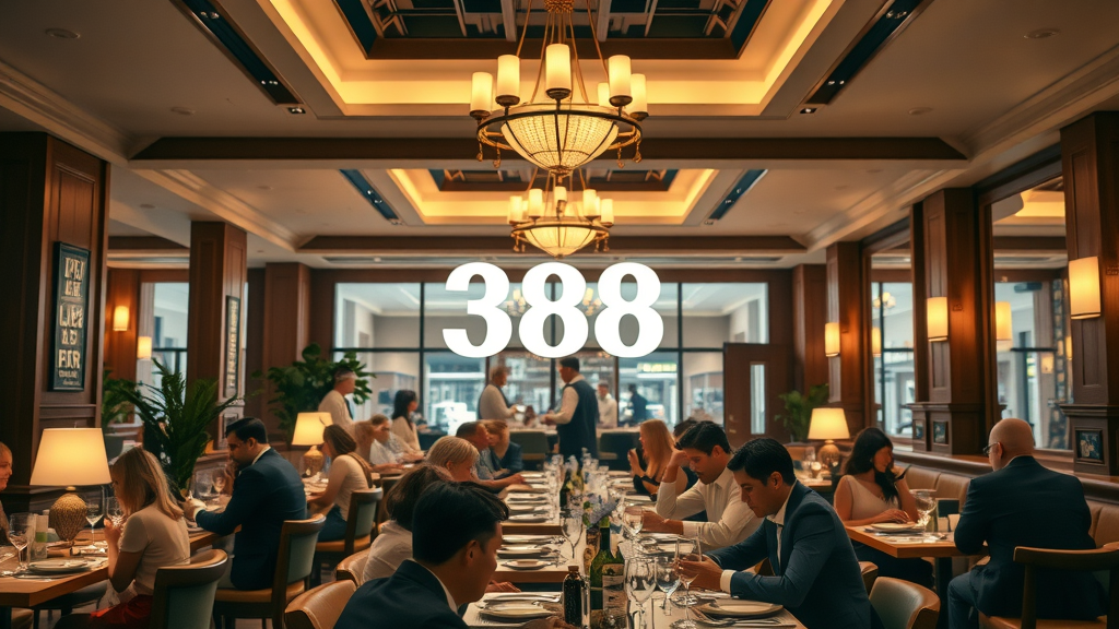 elegant restaurant interior representing 388, welcoming expression, bustling with activity, Cinematic, modern decor with ambient lighting and patrons dining, highly detailed, focus on interior design elements