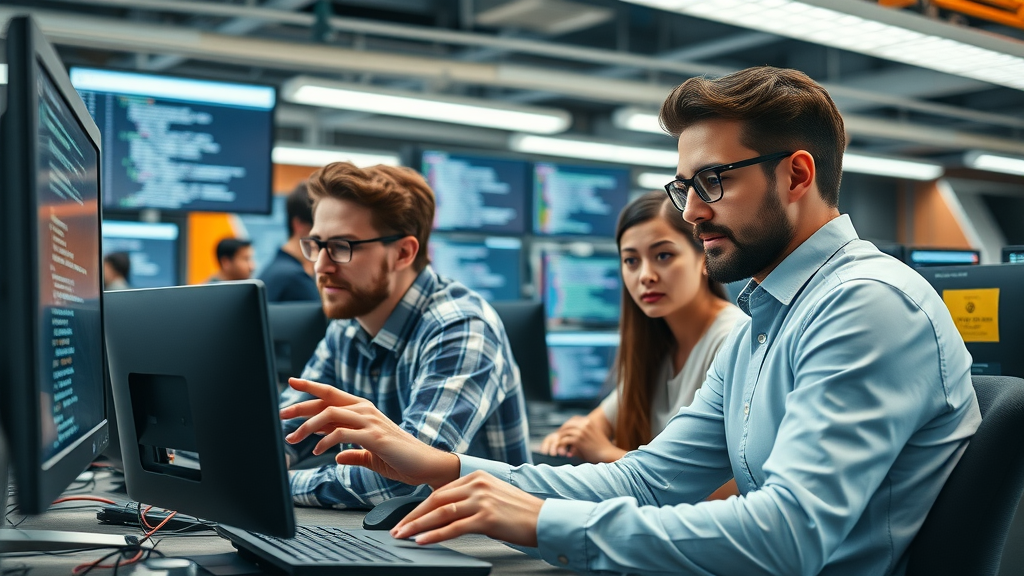 end to end test in software industry with engineers testing code in a high-tech collaborative lab