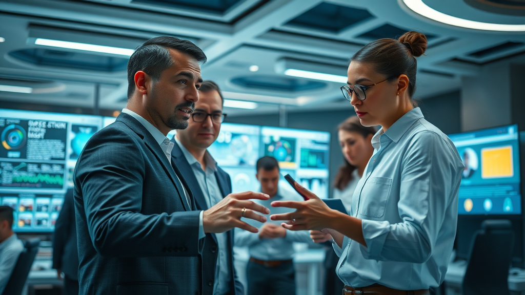 end to end case solution professionals collaborating over digital interfaces in a modern office with large displays